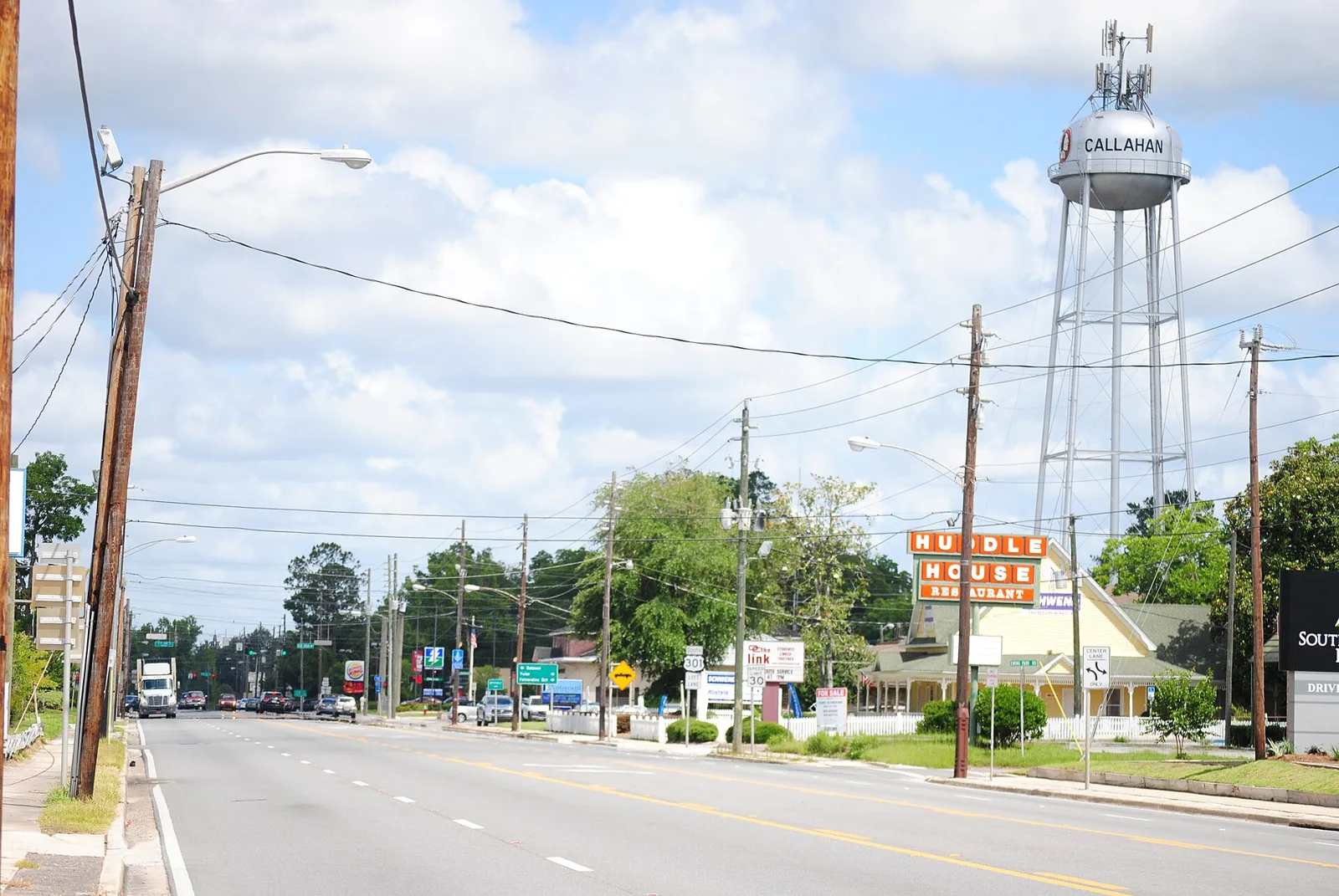 Callahan water tower above a downtown street in Callahan, Florida