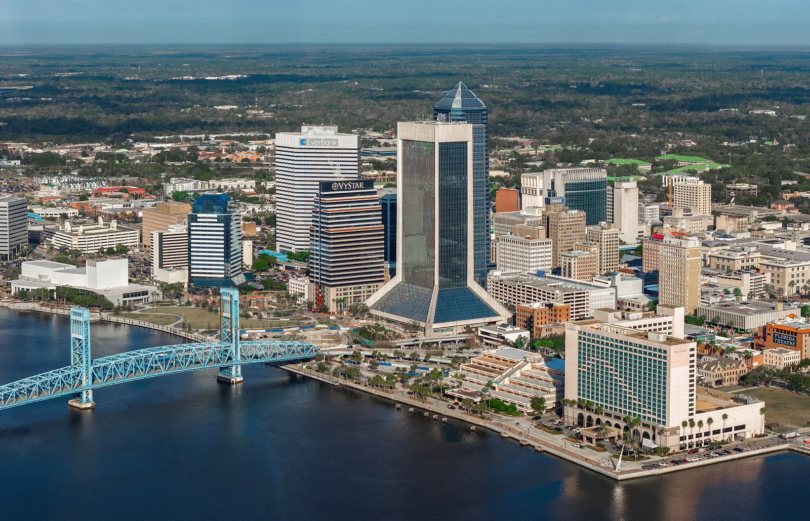 Aerial view of downtown Jacksonville and the Main Street Bridge over the St. Johns River