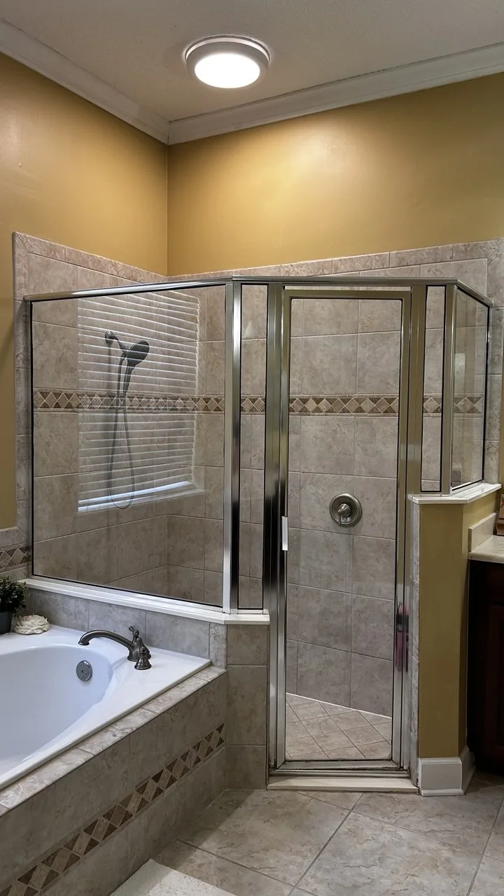 Clear shower glass revealing the tile walls and floor after cleaning