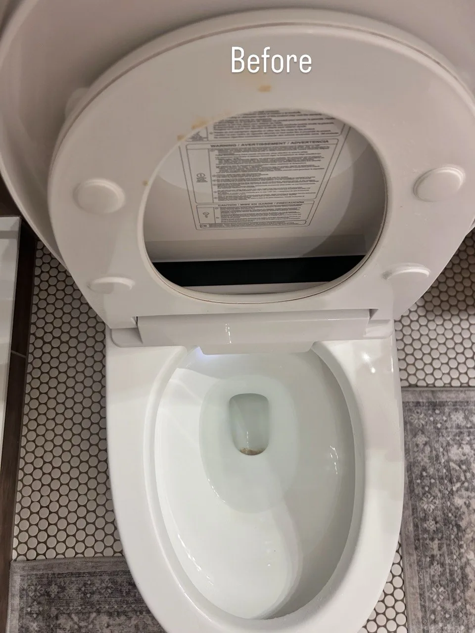 Marks on the underside of a raised toilet seat and inside the bowl before cleaning