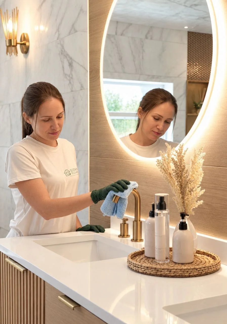 EcoHome cleaner polishing a bathroom faucet with a microfiber cloth