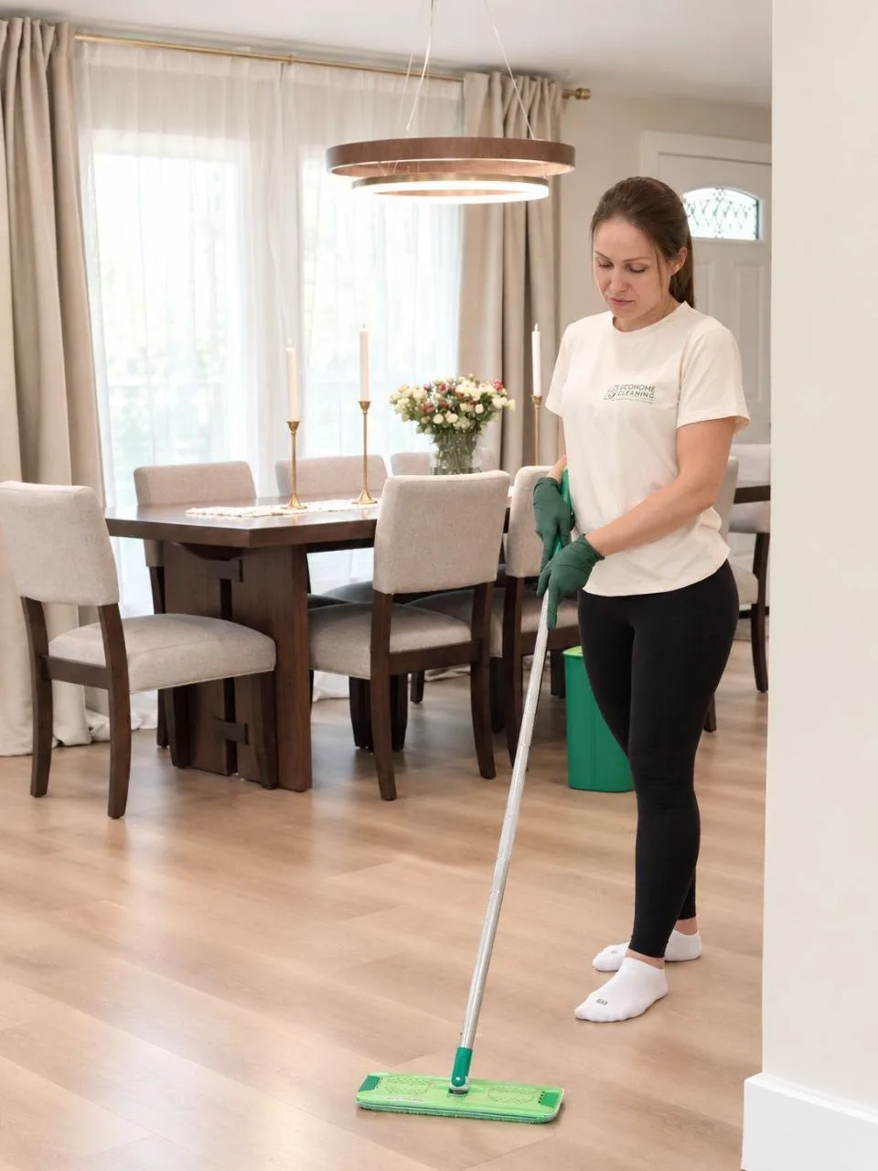 EcoHome cleaner mopping a wood floor beside a dining table
